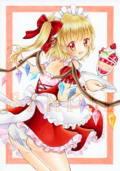 Rule 34 | 1girl, alternate costume, apron, back bow, bare shoulders, blonde hair, bow, cowboy shot, crystal, enmaided, fang, flandre scarlet, food, frilled apron, frilled skirt, frills, from behind, fruit, hair bow, happy, harumomo (halmomo), holding, holding plate, ice cream cup, large bow, looking at viewer, looking back, maid, maid headdress, marker (medium), medium hair, multicolored wings, one side up, open mouth, panties, plate, red bow, red eyes, red skirt, sample watermark, skin fang, skirt, solo, strawberry, touhou, traditional media, underwear, waist apron, watermark, white apron, white bow, white panties, wings, wrist cuffs