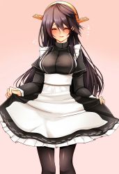 Rule 34 | 10s, 1girl, alternate costume, apron, bad id, bad nicoseiga id, black hair, black pantyhose, blush, breasts, closed eyes, commentary request, dress, enmaided, frills, gradient background, hair ornament, hairband, hairclip, haruna (kancolle), headgear, highres, impossible clothes, juliet sleeves, kantai collection, large breasts, long hair, long sleeves, maid, maid apron, pantyhose, puffy long sleeves, puffy sleeves, skirt, skirt hold, smile, solo, tsukui kachou, waist apron