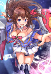 Rule 34 | 1girl, absurdres, adapted costume, azur lane, basketball-to-cartoon-0104, blue eyes, blurry, blurry background, boots, breasts, brown hair, cleavage, collarbone, commentary request, hair between eyes, hair flaps, hair ornament, highres, hololive, huge filesize, large breasts, leg up, looking at viewer, miniskirt, musical note, object on breast, outstretched arms, rigging, sheet music, skirt, solo, spread arms, thigh boots, thighhighs, tokino sora, virtual youtuber