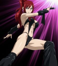 Rule 34 | 1girl, bikini, breasts, brown eyes, cleavage, dominatrix, earrings, erza scarlet, fairy tail, female focus, highres, jewelry, large breasts, latex, long hair, navel, ponytail, red hair, screencap, solo, stitched, swimsuit, third-party edit, whip