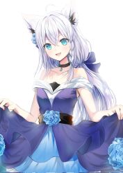Rule 34 | 1girl, ahoge, aisu (icicleshot), animal ear fluff, animal ears, blue bow, blue dress, bow, braid, breasts, clothes lift, commentary request, dress, dress lift, fox ears, fox girl, green eyes, hair between eyes, hair bow, highres, hololive, long hair, looking at viewer, open mouth, shirakami fubuki, sidelocks, simple background, single braid, sleeveless, sleeveless dress, small breasts, smile, solo, strapless, strapless dress, virtual youtuber, white background, white hair
