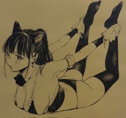 Rule 34 | 1girl, :o, animal ears, ass, bikini, blush, bow, bowtie, cat ears, commentary request, detached collar, earrings, fake animal ears, gagaimo, highres, jewelry, legs up, long hair, lying, monochrome, no shoes, on stomach, original, ponytail, solo, swimsuit, teeth, thighhighs, tongue, upper teeth only