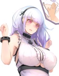Rule 34 | 1girl, absurdres, anchor choker, anchor necklace, apron, armpits, arms up, azur lane, bare shoulders, black hairband, breasts, center frills, chickentamago05, choker, clothing cutout, commentary request, dido (azur lane), dress, frilled apron, frilled choker, frills, from below, hairband, hand on back, highres, jewelry, large breasts, light purple hair, looking down, maid, necklace, open mouth, pink eyes, shirt, sleeveless, sleeveless shirt, underboob, underboob cutout, underbust, wrist cuffs
