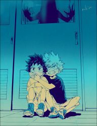 Rule 34 | 2boys, aged down, ankle boots, arm over shoulder, artist name, bakugou katsuki, boku no hero academia, boots, bright pupils, child, clenched teeth, commentary request, covered mouth, covering another&#039;s mouth, cross-laced footwear, door, dorsiflexion, dot nose, film grain, fingernails, freckles, furrowed brow, hand on glass, hand over another&#039;s mouth, hands up, horror (theme), indoors, knees apart feet together, knees up, limited palette, liquid, midoriya izuku, mkm (mkm storage), monster, multiple boys, own hands together, partial commentary, raised eyebrows, sanpaku, scared, scowl, shadow, shirt, shoe soles, shoes, short hair, short sleeves, shorts, side-by-side, silhouette, sitting, sliding doors, sneakers, spiked hair, sweatdrop, t-shirt, tearing up, tears, teeth, tile floor, tiles, v-shaped eyebrows