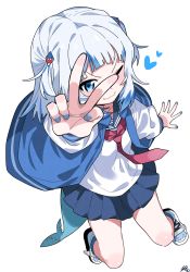 Rule 34 | 1girl, ;), blue eyes, blue hair, blue jacket, blue nails, blue sailor collar, blue skirt, blue socks, blush, closed mouth, commentary request, fins, fish tail, from above, full body, gawr gura, hair ornament, heart, highres, hololive, hololive english, jacket, long sleeves, looking at viewer, looking up, multicolored hair, nail polish, necktie, one eye closed, open clothes, open jacket, pleated skirt, puffy long sleeves, puffy sleeves, red necktie, sailor collar, shark tail, shirt, shoes, signature, simple background, skirt, smile, socks, solo, streaked hair, tail, tosyeo, two side up, v-shaped eyebrows, virtual youtuber, white background, white footwear, white shirt
