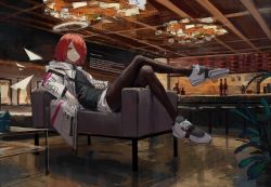 Rule 34 | 1girl, absurdres, arknights, bad id, bad pixiv id, black pantyhose, black shirt, bottle, brown eyes, commentary request, exusiai (arknights), hair over one eye, halo, highres, horns, indoors, jacket, long sleeves, looking at viewer, pantyhose, plant, red hair, shirt, shoes, short hair, sneakers, solo, white jacket, yu-hi
