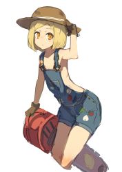 Rule 34 | 1girl, :o, brown gloves, brown hat, chainsaw, denim, fate/grand order, fate (series), gloves, hand on headwear, hand up, hat, holding, lansane, leaning forward, looking at viewer, naked overalls, orange eyes, overalls, parted bangs, paul bunyan (fate), paul bunyan (third ascension) (fate), short hair, simple background, solo, standing, white background