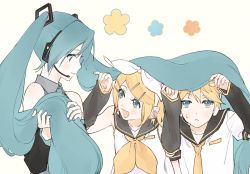 Rule 34 | 1boy, 2girls, absurdly long hair, aqua eyes, aqua hair, aqua nails, aqua necktie, arm warmers, bare shoulders, black collar, black sleeves, blonde hair, bow, collar, commentary, covering privates, detached sleeves, expressionless, grey shirt, hair bow, hair ornament, hairclip, hatsune miku, headphones, headset, kagamine len, kagamine rin, long hair, looking at another, manarona, multiple girls, nail polish, neckerchief, necktie, open mouth, pinky out, sailor collar, school uniform, shirt, short hair, short sleeves, shoulder tattoo, sleeveless, sleeveless shirt, smile, sweat, swept bangs, tattoo, twintails, upper body, very long hair, vocaloid, white bow, white shirt, yellow nails, yellow neckerchief