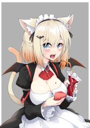 Rule 34 | 1girl, alternate costume, animal ears, apron, ascot, bat hair ornament, bat wings, blonde hair, blood, blood bag, blue eyes, breasts, cat ears, cat tail, cevio, detached collar, drink, drinking straw, fangs, frilled sleeves, frills, gradient hair, hair ornament, highres, holding, holding drink, large breasts, maid, maid headdress, multicolored hair, one (cevio), open mouth, orange hair, solo, tail, wings, zooanime