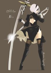 Rule 34 | 1girl, ama kagerou, back cutout, black dress, black gloves, black hair, blindfold, boots, brown thighhighs, clothing cutout, covered eyes, crossed swords, dress, feather-trimmed sleeves, fighting stance, from behind, full body, gloves, high heel boots, high heels, highres, juliet sleeves, katana, long sleeves, nier (series), nier:automata, ootachi, planted, planted sword, planted weapon, puffy sleeves, short hair, side slit, silver hair, solo, sword, thigh boots, thighhighs, thighhighs under boots, twitter username, two-sided fabric, two-sided skirt, vambraces, virtuous contract, virtuous treaty, weapon, 2b (nier:automata)