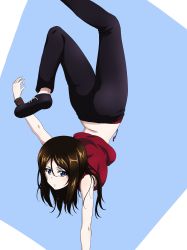 Rule 34 | 1girl, alternate costume, ass, bare shoulders, black hair, black pants, blouse, blue eyes, blush, closed mouth, girls und panzer, hair between eyes, handstand, highres, key (gaigaigai123), looking at viewer, medium hair, midriff, nonna, one arm handstand, pants, parted bangs, red shirt, shiny skin, shirt, simple background, sleeveless, sleeveless shirt, solo