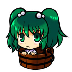 Rule 34 | 1girl, bucket, chibi, female focus, green eyes, green hair, in bucket, in container, kisume, matching hair/eyes, simple background, socha, solo, touhou, white background