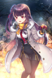 Rule 34 | 1girl, black dress, black gloves, black pantyhose, blurry, blurry background, blush, box, breasts, capura lin, coat, commentary request, depth of field, dress, fringe trim, fur-trimmed coat, fur-trimmed sleeves, fur trim, gift, gift box, girls&#039; frontline, gloves, grey coat, hair ribbon, heart-shaped box, highres, holding, holding gift, long hair, looking at viewer, night, night sky, open clothes, open coat, open mouth, outdoors, pantyhose, purple hair, red eyes, red neckwear, red ribbon, ribbon, scarf, side ponytail, sky, small breasts, solo, teeth, upper teeth only, valentine, very long hair, wa2000 (girls&#039; frontline), yellow scarf