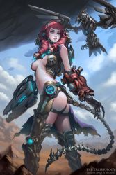 Rule 34 | 1girl, absurdres, armor, arms at sides, bikini armor, blue eyes, breasts, breasts apart, character name, closed mouth, cloud, cloudy sky, copyright name, cowboy shot, day, desert, drill hair, from side, gauntlets, gun, headgear, headset, highres, large breasts, long hair, looking back, md5 mismatch, medium breasts, midriff, navel, pink hair, sky, solo, standing, tail, thighs, twisted torso, underboob, weapon, wenfei ye