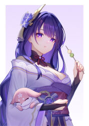 Rule 34 | 1girl, :t, animal, artist name, braid, breasts, bridal gauntlets, cleavage, closed eyes, closed mouth, commentary request, dango, eating, flower, food, genshin impact, holding, holding animal, japanese clothes, kimono, lightria, long hair, long sleeves, looking at viewer, low-braided long hair, low-tied long hair, medium breasts, obi, purple eyes, purple flower, purple kimono, purple nails, raiden shogun, sash, solo, upper body, wagashi, wide sleeves, yae miko, yae miko (fox)