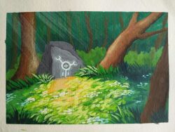Rule 34 | atinynut, bush, commentary, day, english commentary, flower, forest, gouache (medium), grass, landscape, nature, no humans, original, outdoors, painting (medium), rock, scenery, sunlight, traditional media