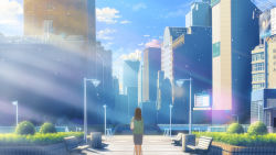 Rule 34 | 1girl, back, bag, bench, brown hair, building, city, cloud, day, female focus, from behind, handbag, isai shizuka, lamppost, long hair, nature, outdoors, plant, scenery, skirt, sky, solo, standing, sunlight