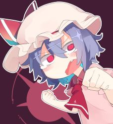 Rule 34 | 1girl, akimaki yuu, ascot, bad id, bad twitter id, blush, constricted pupils, fang, hat, hat ribbon, highres, light purple hair, mob cap, open mouth, puffy sleeves, red eyes, remilia scarlet, ribbon, short hair, short sleeves, solo, tears, touhou, upper body