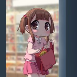 Rule 34 | 1girl, backpack, bag, bag of chips, blurry, blurry background, blush, brown eyes, brown hair, chips (food), closed mouth, depth of field, food, highres, kionant, miniskirt, neck ribbon, original, pink shirt, pink skirt, pleated skirt, puffy short sleeves, puffy sleeves, randoseru, ribbon, shirt, short sleeves, skirt, solo, theft, twintails, white ribbon