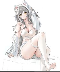 Rule 34 | 1girl, breasts, cleavage, commentary request, congqian you ke xing, crop top, feet, foot out of frame, grey hair, highres, honkai: star rail, honkai (series), knee up, legs, long hair, looking at viewer, medium breasts, midriff, no shoes, parted lips, soles, solo, stelle (honkai: star rail), strap slip, thighhighs, thighs, toes, trailblazer (honkai: star rail), white thighhighs, yellow eyes