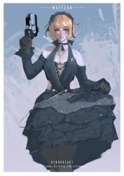 Rule 34 | 1girl, absurdres, alternate costume, apex legends, artist name, b3 wingman, black dress, black gloves, black hairband, blue eyes, breasts, cleavage, detached sleeves, dress, facial scar, gloves, gothic lolita, gun, hairband, handgun, highres, holding, holding gun, holding weapon, jewelry, lolita fashion, lolita hairband, looking at viewer, medium breasts, necklace, parted lips, reborns, revolver, scar, scar on cheek, scar on face, smile, solo, watermark, wattson (apex legends), weapon, web address