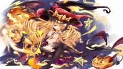 Rule 34 | absurdres, azur lane, black hat, black thighhighs, blonde hair, blue eyes, bow, candy, curly hair, drill hair, flat chest, food, food in mouth, halloween, hat, highres, jack-o&#039;-lantern, lollipop, long hair, multiple hat bows, nekodama2000, official alternate costume, quad drills, revealing clothes, showgirl skirt, smalley (azur lane), smalley (candy courier) (azur lane), solo, swirl lollipop, thighhighs, torpedo, trick or treat, witch, witch hat, yellow bow