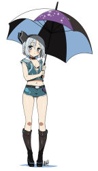 Rule 34 | 1girl, adapted costume, alternate costume, blue eyes, blush, boots, clothes writing, female focus, flat chest, full body, hairband, hyouju issei, konpaku youmu, navel, race queen, short shorts, shorts, silver hair, simple background, solo, touhou, umbrella, white background