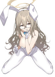 Rule 34 | 1girl, akane (blue archive), akane (bunny) (blue archive), animal ears, bare shoulders, blue archive, blue bow, blue bowtie, bow, bowtie, breasts, brown eyes, brown hair, commentary request, deatheach, detached collar, fake animal ears, glasses, gloves, hair between eyes, halo, hand to own mouth, highres, kneeling, large breasts, leotard, long hair, looking at viewer, official alternate costume, open mouth, pantyhose, playboy bunny, rabbit ears, simple background, smile, solo, spread legs, white background, white gloves, white leotard