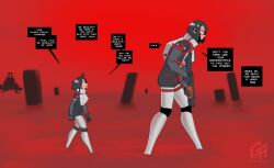 Rule 34 | 2girls, android, armor, cyberpunk, english text, gretarting, gun, height difference, highres, holding, holding gun, holding weapon, horror (theme), kolibri (signalis), multiple girls, pout, pump action, red theme, science fiction, shotgun, signalis, size difference, spas-12, storch (signalis), walking, weapon