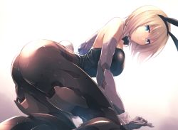 Rule 34 | 1girl, animal ears, bare shoulders, black footwear, black gloves, blonde hair, blue eyes, bow, bowtie, breasts, commentary, detached collar, dutch angle, expressionless, fake animal ears, from side, gloves, gun, hair between eyes, handgun, high heels, highres, ishiyumi, looking at viewer, mechanical buddy universe, medium breasts, momdroid (mechanical buddy universe), pantyhose, pistol, playboy bunny, rabbit ears, rabbit tail, solo, tail, weapon, white background