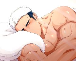 Rule 34 | 1boy, bara, bed sheet, black hair, blush, fle0423, highres, large pectorals, long sideburns, male focus, multicolored hair, muscular, muscular male, naked sheet, original, pectoral press, pectorals, pillow, shiny skin, short hair, sideburns, sleeping, solo, thick eyebrows, two-tone hair, undercut, white hair