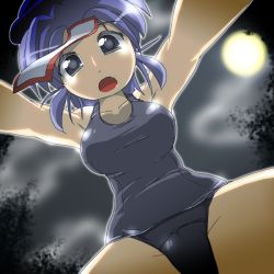 Rule 34 | 1girl, alternate costume, beret, blue eyes, blue hair, breasts, commentary request, fang, from below, full moon, hat, jiangshi, large breasts, looking at viewer, matching hair/eyes, miyako yoshika, moon, night, ofuda, one-piece swimsuit, open mouth, outstretched arms, school swimsuit, short hair, sky, solo, swimsuit, touhou, winn, zombie pose