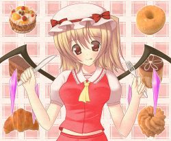 Rule 34 | 1girl, :p, bad id, bad pixiv id, blonde hair, cake, croissant, doughnut, female focus, flandre scarlet, food, fork, hat, highres, knife, red eyes, short hair, smile, solo, standing, tongue, tongue out, touhou, tsujishiro naohitagi, upper body, wings