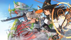 Rule 34 | 2girls, antenna hair, armlet, backless outfit, black hair, black pantyhose, blue sky, blurry, blurry background, day, flying, grey hair, halo, hat, highres, holding, holding staff, holding wand, koebushi (mat), long hair, long sleeves, looking afar, mole, mole under eye, monster girl, multiple girls, orange eyes, original, outdoors, pantyhose, red eyes, sky, staff, sword, tentacles, torn clothes, torn pantyhose, torn skin, wand, weapon, white pantyhose, witch hat