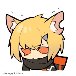 Rule 34 | 1girl, animal ear fluff, animal ears, arknights, black scarf, blonde hair, chibi, commentary request, company name, cropped torso, fox ears, hair between eyes, hair ornament, hairclip, line (naver), looking up, notched ear, official art, orange eyes, pout, scarf, short hair, sidelocks, simple background, solo, tearing up, trembling, vermeil (arknights), watermark, white background