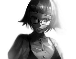 Rule 34 | 1girl, black dress, blunt bangs, character request, collared shirt, copyright request, dress, glasses, greyscale, highres, kuroi enpitsu, looking to the side, monochrome, shaded face, shirt, short hair, smile, solo, upper body