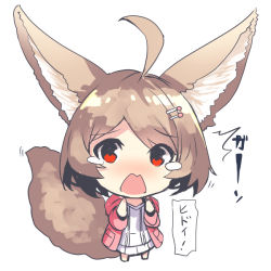 Rule 34 | 1girl, ^^^, ahoge, animal ears, barefoot, blush, brown hair, chibi, fox ears, fox girl, fox tail, full body, hair ornament, hairclip, hood, hood down, hooded jacket, jacket, long sleeves, open clothes, open jacket, original, pink jacket, pleated skirt, red eyes, shirt, short hair, simple background, skirt, solo, standing, tail, tears, translation request, white background, white shirt, white skirt, yuuji (yukimimi)