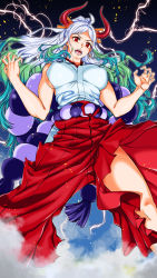 Rule 34 | 1girl, ahoge, aqua hair, bare arms, bare shoulders, breasts, covered erect nipples, curled horns, earrings, electricity, embers, feet out of frame, fingernails, floating hair, green hair, hair ornament, hair stick, hakama, hakama pants, hands up, hanzaki jirou, highres, hip vent, horns, japanese clothes, jewelry, kimono, large breasts, legs apart, long hair, looking at viewer, multicolored hair, multicolored horns, one piece, oni, open mouth, orange horns, pants, red eyes, red horns, rope, sharp teeth, shimenawa, sideboob, sidelocks, sleeveless, sleeveless kimono, solo, standing, steam, teeth, v-shaped eyebrows, very long hair, white hair, wind, yamato (one piece)