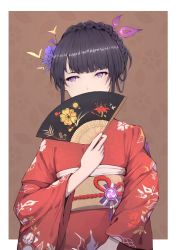 Rule 34 | alternate costume, blunt bangs, braid, covering own mouth, crown braid, floral print, flower, folding fan, genshin impact, hair flower, hair ornament, hair up, hand fan, highres, holding, holding fan, japanese clothes, kimono, long hair, looking away, obi, purple eyes, purple flower, purple hair, raiden shogun, red kimono, sash, simple background, solo, upper body, wide sleeves, yang zheng yu