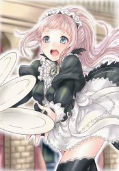 Rule 34 | 1girl, apron, blue eyes, brick wall, dropping, felicia (fire emblem), fire emblem, fire emblem fates, indoors, looking to the side, maid apron, maid headdress, nintendo, pink hair, plate, ponytail, shimizu akina, solo, sweatdrop, thighhighs, thighs, upper body