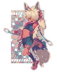 Rule 34 | 1boy, animal ears, arm up, asymmetrical legwear, blonde hair, border, crop top, cropped shirt, dark-skinned male, dark skin, fake animal ears, full body, grey shirt, grey shorts, grey socks, hair over one eye, highres, jacket, leg up, long sleeves, looking at viewer, male focus, midriff, mismatched legwear, nail polish, navel, one eye covered, open clothes, open jacket, open mouth, orange eyes, original, outline, outside border, ozureiji, shirt, shoes, short hair, shorts, sleeveless, sleeveless shirt, smile, sneakers, socks, solo, standing, standing on one leg, tail, thigh strap, tight clothes, tight shirt, turtleneck, white border, white outline, zoom layer