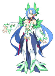 Rule 34 | 1girl, blue hair, breasts, center opening, cleavage, disgaea, dress, earrings, green eyes, jewelry, leaf, long hair, low twintails, makai senki disgaea 5, nippon ichi, official art, pointy ears, sage (disgaea), simple background, solo, twintails, very long hair, white background
