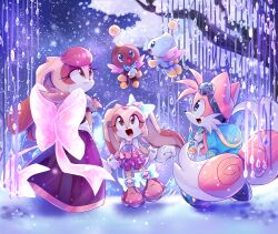 Rule 34 | 1boy, 2girls, backpack, bag, bow, chao (sonic), cheese (sonic), cream the rabbit, dress, furry, furry female, furry male, gloves, goggles, goggles on head, highres, multiple girls, open mouth, snow, sonic (series), tails (sonic), vanilla the rabbit, white gloves, y-firestar