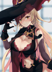 Rule 34 | 1girl, ariko youichi, black dress, black gloves, blonde hair, bra, bra peek, bra strap, breasts, cape, cleavage, closed mouth, clothing cutout, collared dress, commentary, detached sleeves, dress, fang, gloves, hair between eyes, hand up, hat, highres, large breasts, long hair, looking at viewer, navel, navel cutout, nijisanji, nui sociere, nui sociere (1st costume), partially fingerless gloves, sleeveless, sleeveless dress, smile, solo, torn clothes, torn hat, underwear, very long hair, virtual youtuber, witch, witch hat, yellow eyes