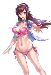 Rule 34 | 1girl, :d, absurdres, bangle, bikini, bracelet, breasts, brown eyes, brown hair, casual, cowboy shot, d.va (overwatch), facial mark, front-tie bikini top, front-tie top, gloves, headphones, heart, highres, jacket, jacket over swimsuit, jewelry, large breasts, long hair, looking at viewer, navel, open mouth, outstretched hand, overwatch, overwatch 1, pink bikini, side-tie bikini bottom, signature, simple background, smile, solo, sweat, swimsuit, tsuki no i-min, whisker markings, white background, wristband