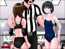 Rule 34 | 1boy, 2girls, audience, black eyes, black hair, brown eyes, brown hair, competition swimsuit, domina hole, elbow pads, knee pads, multiple girls, one-piece swimsuit, referee, short hair, swimsuit, twintails, wrestling, wrestling ring