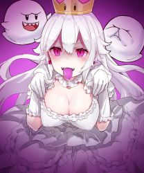 Rule 34 | 1girl, boo (mario), breasts, cleavage, crown, dress, earrings, gloves, hands up, highres, jewelry, large breasts, long hair, looking at viewer, luigi&#039;s mansion, mario (series), new super mario bros. u deluxe, nintendo, nuko miruku, pointy ears, princess king boo, puffy short sleeves, puffy sleeves, purple background, purple eyes, shaded face, short sleeves, solo, super crown, tongue, tongue out, white dress, white gloves, white hair