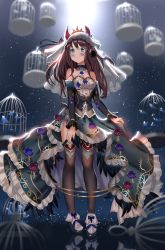 Rule 34 | 1girl, ame sagari, animal, bare shoulders, birdcage, black dress, black footwear, black ribbon, black sleeves, blue eyes, blurry, blurry background, blurry foreground, blush, braid, breasts, brown hair, brown thighhighs, bug, butterfly, cage, closed mouth, depth of field, detached sleeves, dress, fishnet thighhighs, fishnets, full body, hair between eyes, hair ribbon, highres, horns, insect, long hair, long sleeves, original, reflection, ribbon, see-through, shoes, small breasts, solo, standing, strapless, strapless dress, thighhighs, tiara, veil