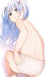 Rule 34 | 1girl, bad id, bad twitter id, bare legs, barefoot, blue eyes, blue hair, commentary request, from behind, gochuumon wa usagi desu ka?, hair ornament, highres, hiroki (yyqw7151), kafuu chino, light blue hair, long hair, looking at viewer, looking back, panties, pink panties, pout, shoulder blades, solo, topless, underwear, underwear only, white background, x hair ornament