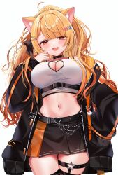 Rule 34 | 1girl, absurdres, ahoge, animal ears, bare shoulders, belt collar, black choker, black coat, blonde hair, blush, breasts, cat ears, chain, choker, cleavage, cleavage cutout, clothing cutout, coat, collar, cowboy shot, crop top, fang, from below, garter straps, hair ornament, hairclip, heart, heart cutout, highres, hololive, ineka ka, kemonomimi mode, large breasts, long hair, long sleeves, looking at viewer, midriff, miniskirt, navel, open clothes, open coat, open mouth, orange eyes, orange hair, oversized clothes, panty straps, simple background, single garter strap, skin fang, skirt, smile, solo, thigh gap, thigh strap, thighhighs, virtual youtuber, white background, yozora mel, yozora mel (streetwear), zettai ryouiki